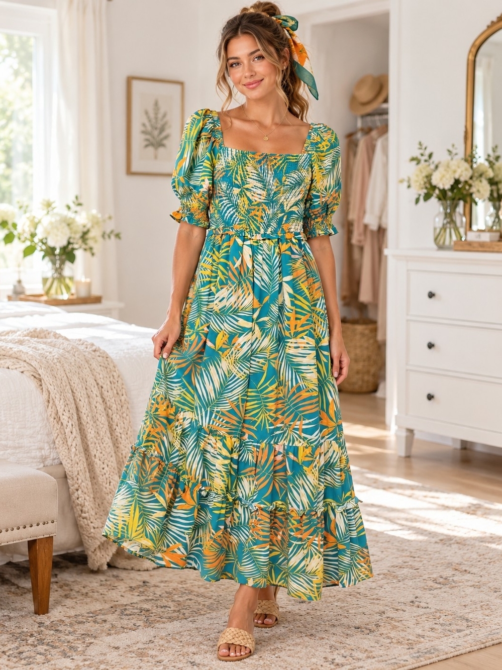 NWT Betsey Johnson Tropical Palm Print Maxi Dress Pepper Green Size Medium